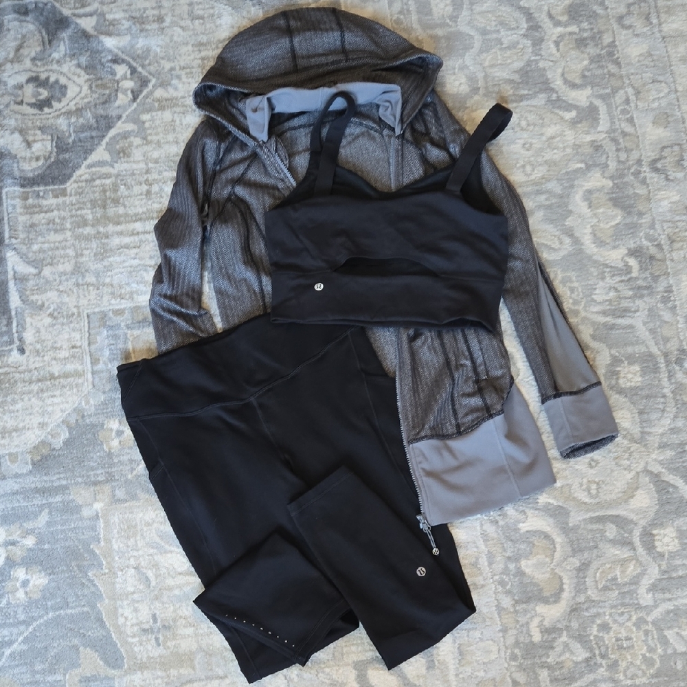 Lululemon Black Activewear Set Size 10 Fleece Leggings Longline Bra Jacket
